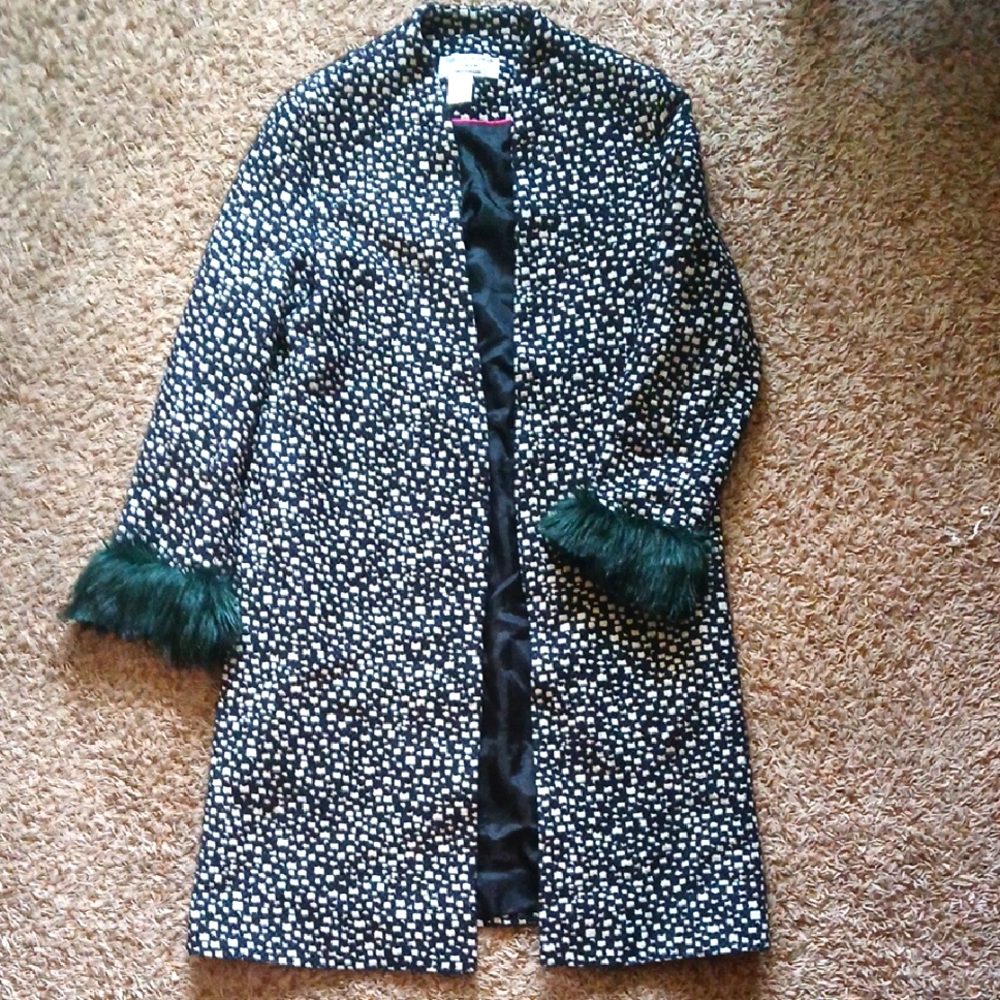 Anthropology Helene Berman navy and white dot coat with Green Fur Trim cuffs